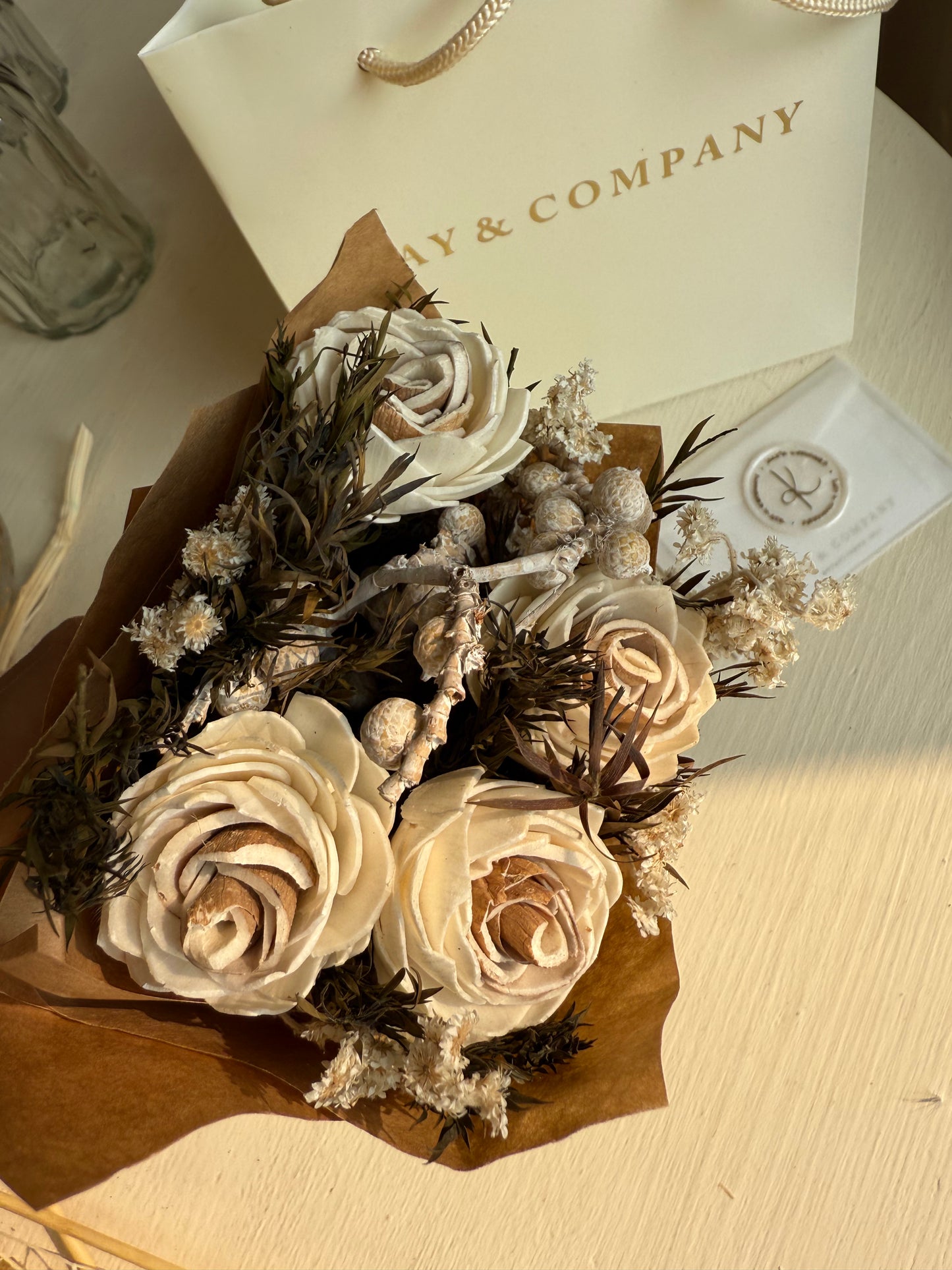 Mini Dried Bouquet - Ivory/dark green Graduation Edition