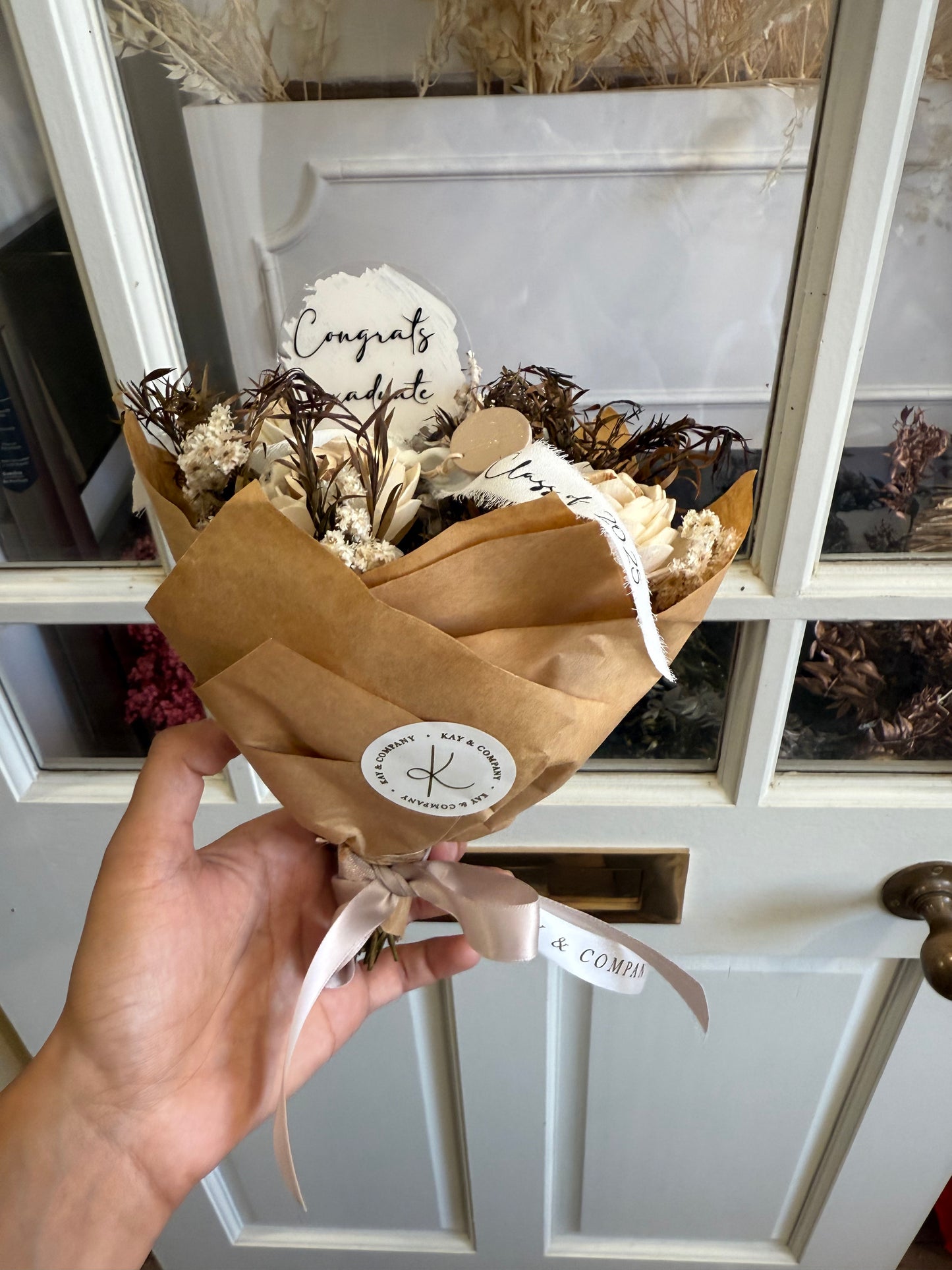 Mini Dried Bouquet - Ivory/dark green Graduation Edition